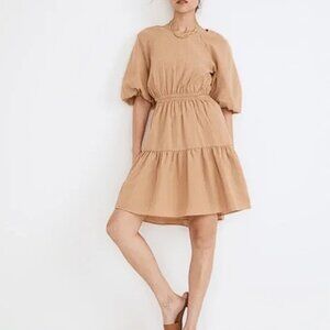 NWT Madewell Mustard Yellow Seed Khaki Seersucker Puff-Sleeve Cutout Mini Dress